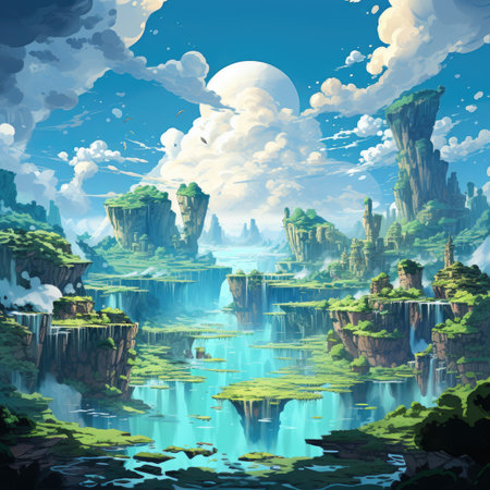 Fantasy landscape with lake, mountains and clouds.の素材