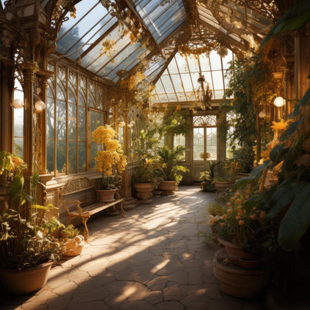 Interior of a large greenhouse with a lot of plants and flowersの素材