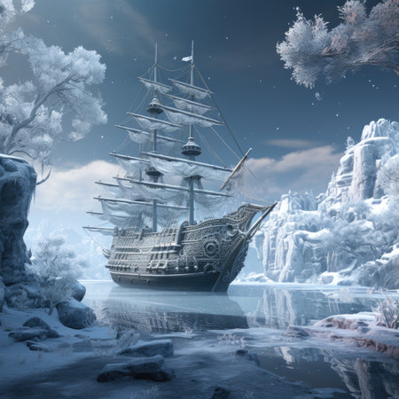 sailing boat in the winter forest.の素材