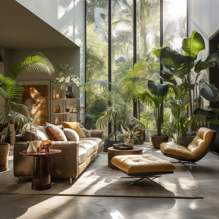 Interior of modern living room with green plants and sunlightの素材
