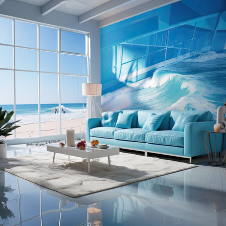 modern living room with blue sofa and seaの素材