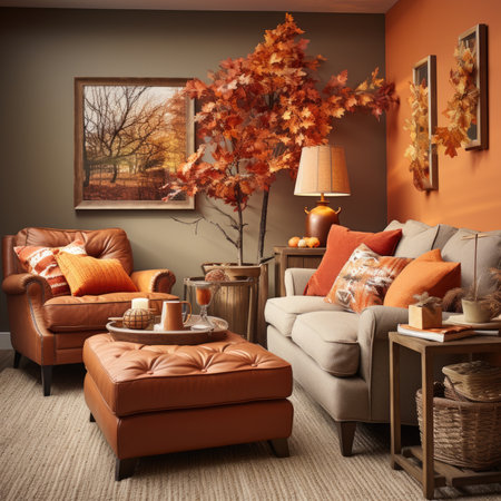 Living room interior with armchairs and autumn leaves.の素材