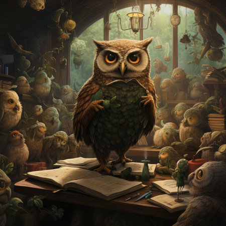 Owl with book and birds in the room. Fairy tale.の素材