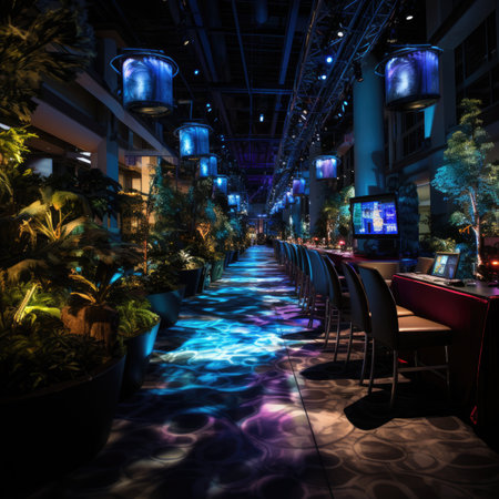 Interior of a night club with tables and chairs in the night.の素材