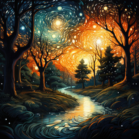 Magic forest at night. Landscape with a river and trees.の素材