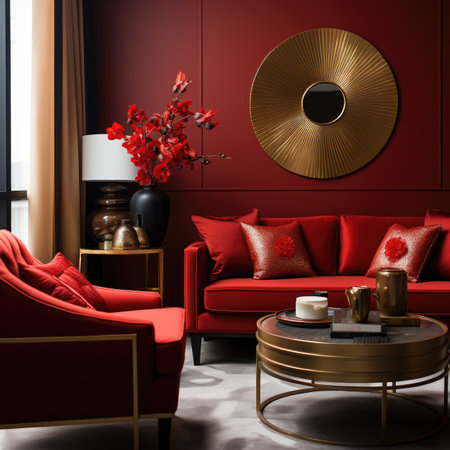 Living room interior with red sofa, coffee table, round mirror, coffee table, red armchair and gold lamp.の素材