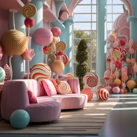a living room with pink sofa, pink pillows and candiesの素材