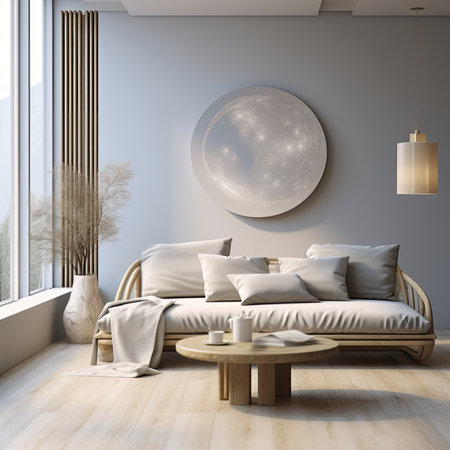 a modern bedroom with a big window and a moonの素材