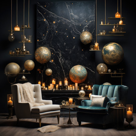 Luxury living room interior with black marble wallの素材