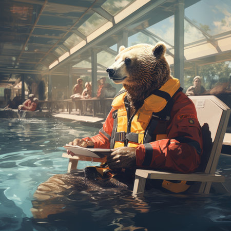 Cute bear sitting on a wooden chair and reading a book in the waterの素材