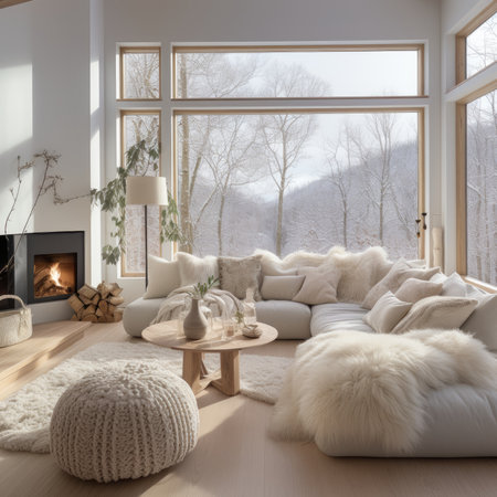 Cozy living room interior with fireplace and sofa.の素材