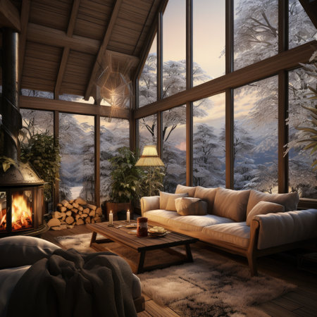 Interior design of a modern house with a fireplace.の素材