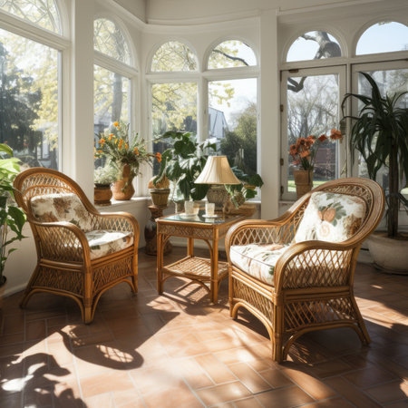 Interior of a beautiful living room with wicker chairs and plantsの素材