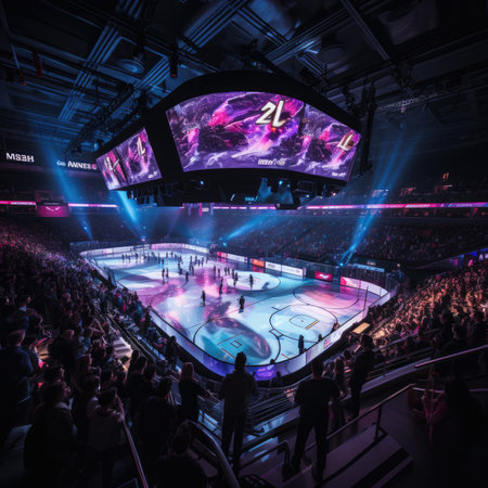 Global Offensive esports event. Crowd of people watching and playing video games on the ice arenaの素材
