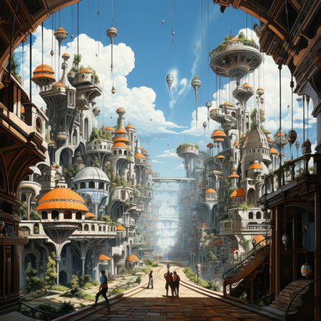 Fantasy cityscape with a couple walking on the streetの素材
