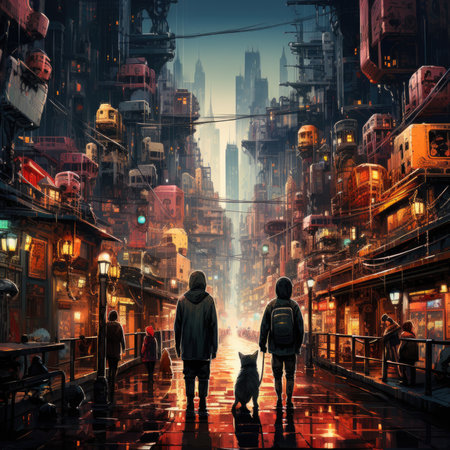 People walking in the city at night.の素材