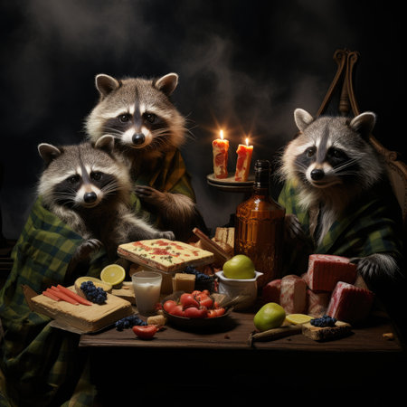 Three raccoons sitting on a wooden table with food and drinksの素材