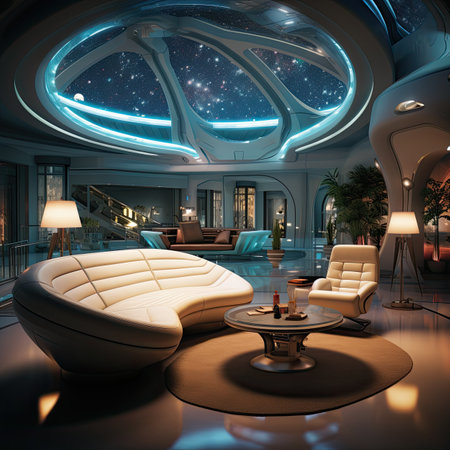 Interior of a modern living room at night.の素材