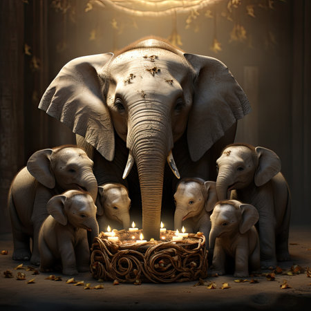 Elephant family with candles in the dark room.の素材