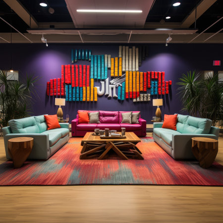 Interior of modern living room with colorful wall and furnitureの素材