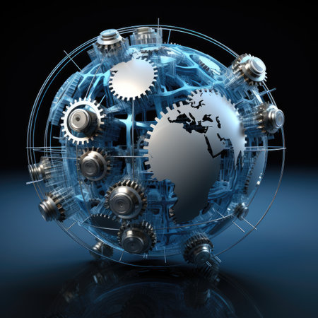 gear wheel mechanism over dark background with world globeの素材