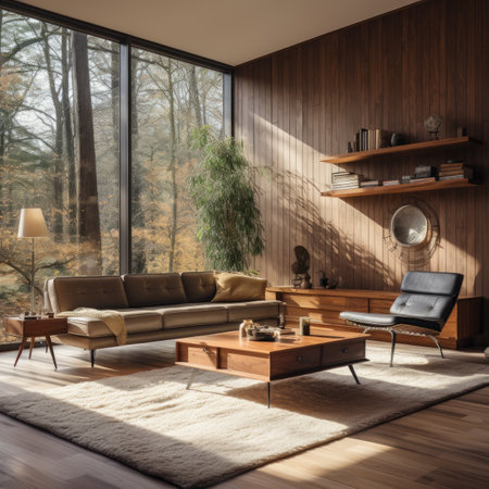 Interior of modern living room with brown walls, wooden floor, comfortable sofa, coffee table and bookcase.の素材