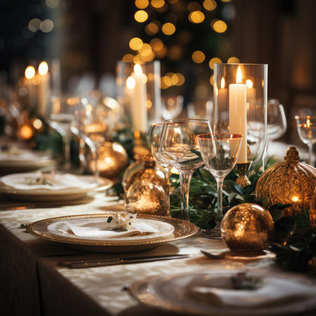 Christmas table setting with candles and gold ornaments. Selective focus.の素材
