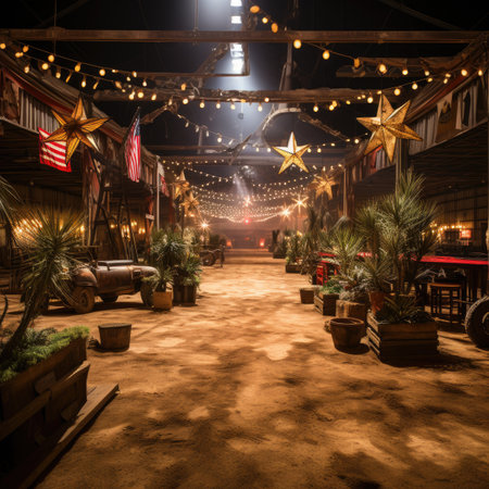 Cafe at night with a lot of lights and decorations on itの素材