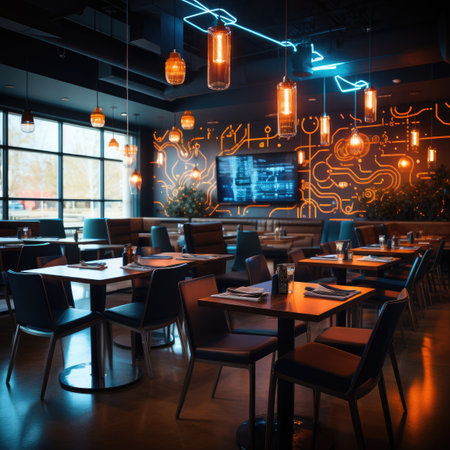 Interior of a modern restaurant with bright lights.の素材