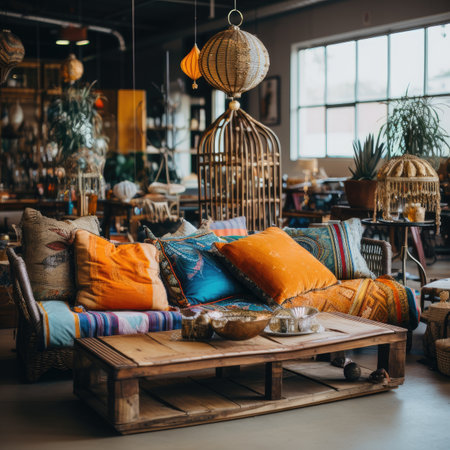 Colorful pillows on a wooden table in a living room.の素材