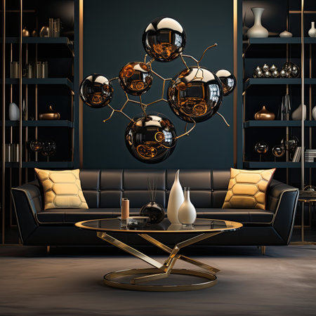 Luxury living room with black leather sofa, coffee table, armchair and vase.の素材