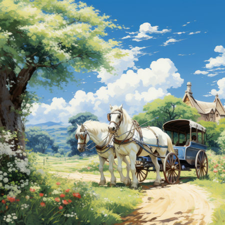 Horse drawn carriage in the meadow.の素材