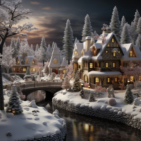 Snowy winter landscape with wooden houses and bridge over the river.の素材