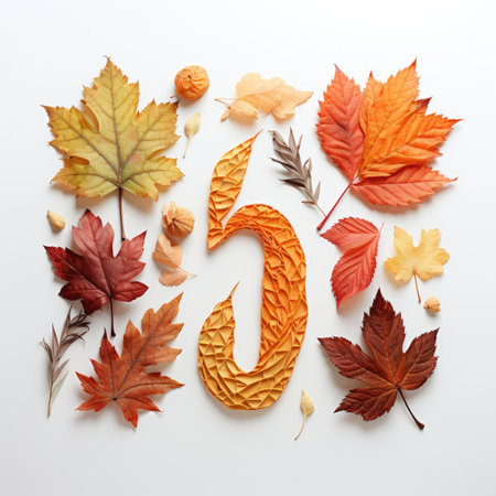 Number six made of multicolored autumn leaves on a white backgroundの素材