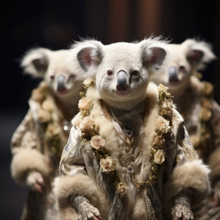 Koala bear in traditional costume on a black background.の素材