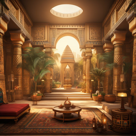 the interior of an Egyptian temple with a lot of columns and doorsの素材