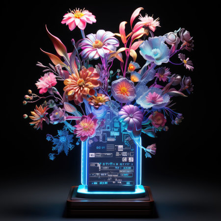 a blue glass vase with flowers on a black backgroundの素材
