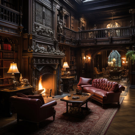 Classic interior of a living room with fireplace, armchairs and books.の素材