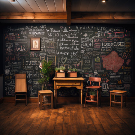 Interior of a cafe with vintage furniture and chalkboard wallpaper on the wallの素材