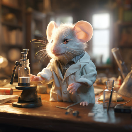 Cute little rat in lab coat with magnifying glass on wooden tableの素材