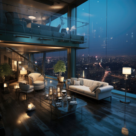 a modern living room with a view of the cityの素材