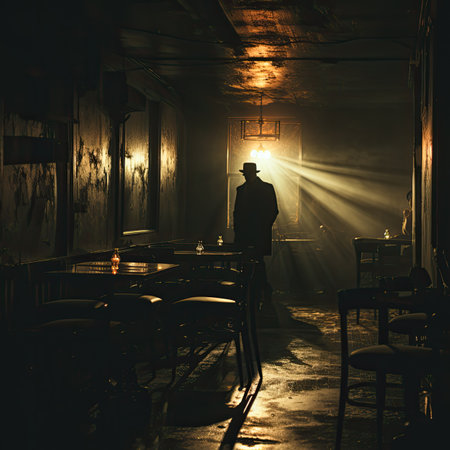 A man in a hat sits in a cafe at night. The light from the window.の素材