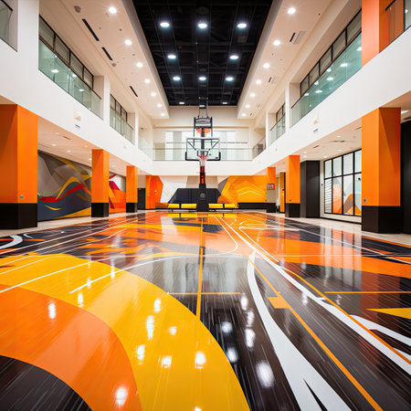 Interior of a modern basketball court with orange and yellow floor.の素材