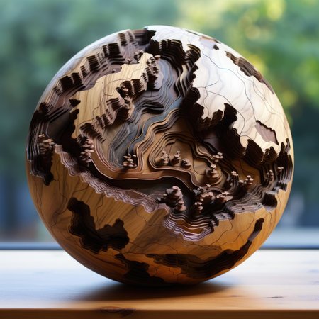 A close up shot of a marbled earth globe on a wooden surfaceの素材