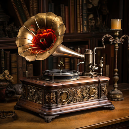 Vintage gramophone on the background of bookshelves and booksの素材