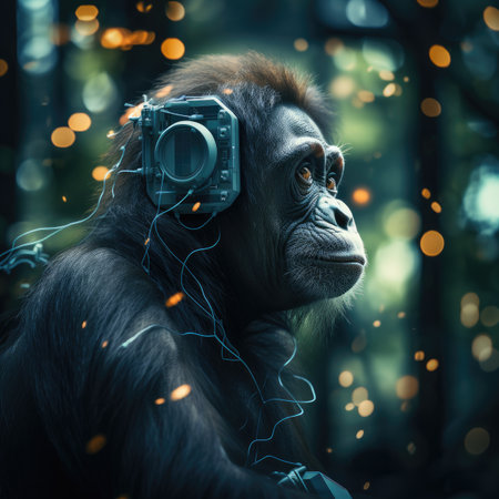 Gorilla with headphones listening to music in the jungle.の素材