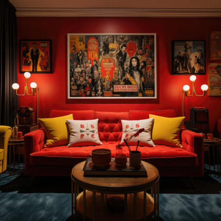 The interior of a red living room with a red sofa and a red wallの素材