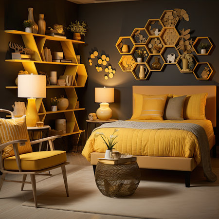 bedroom interior design with yellow bed and bookcaseの素材