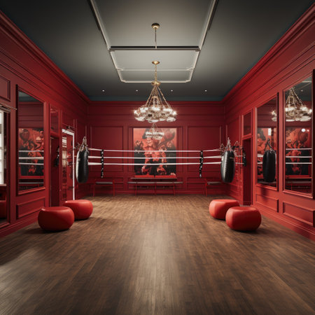 Interior of a boxing hall with red walls, red boxing gloves and punching bags.の素材