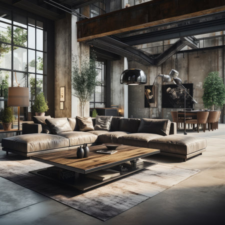 Interior of modern living room with brown leather sofa, coffee table, bookshelf, plants and city view.の素材